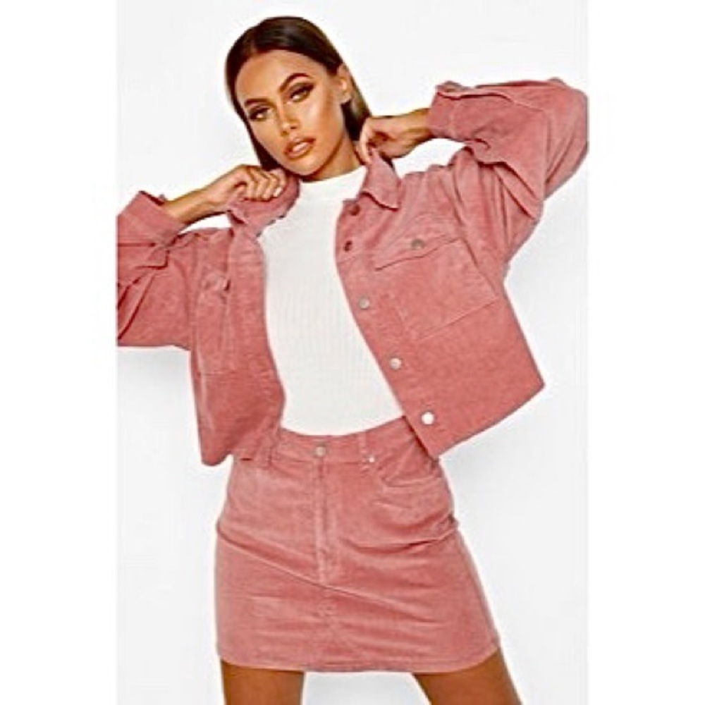 BOOHOO Pink Cord Skirt and Jacket Set